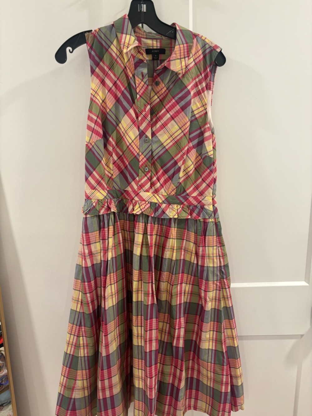 J. Crew Sleeveless Plaid Cotton Dress in Pink, Yellow & Green